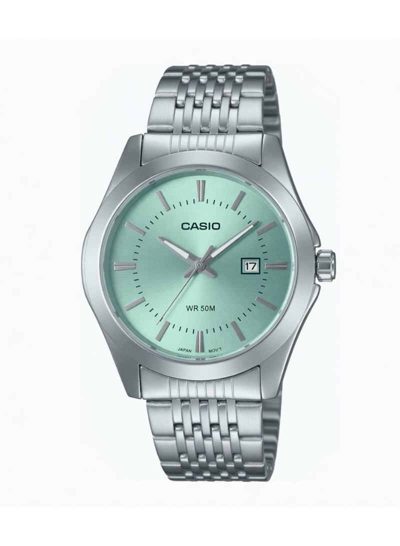 Casio MTP-VD01D-3E Enticer Men's Round Analog Watch with Turquoise Sunray Dial and Stainless Steel Bracelet