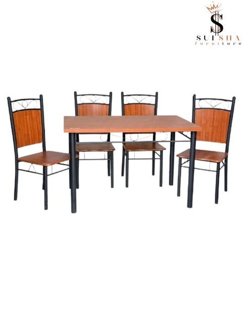 Wooden Steel 4 Seater Dining Table And Chair Set Brown
