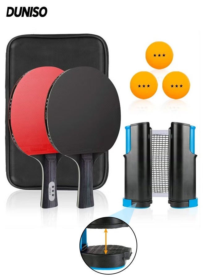 DUNISO 2 Long-Handled Table Tennis Rackets With Three Three-Star Ping Pong Balls, High-Performance Set With Net, Table Tennis Racket Set, Ideal For Skill Development, With Retractable Net, Suitable For Indoor Table Tennis And Outdoor Sports - Image 1