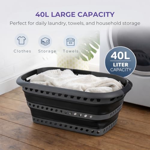 Laundry 360 Collapsible Laundry Basket 40L | Portable | Space Saver Storage | Hold 2 Loads | Store Under the Bed or Closet | Good for Kids | Dorm | Bedroom | Large | Grey/Black - Image 4