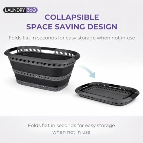 Laundry 360 Collapsible Laundry Basket 40L | Portable | Space Saver Storage | Hold 2 Loads | Store Under the Bed or Closet | Good for Kids | Dorm | Bedroom | Large | Grey/Black - Image 3