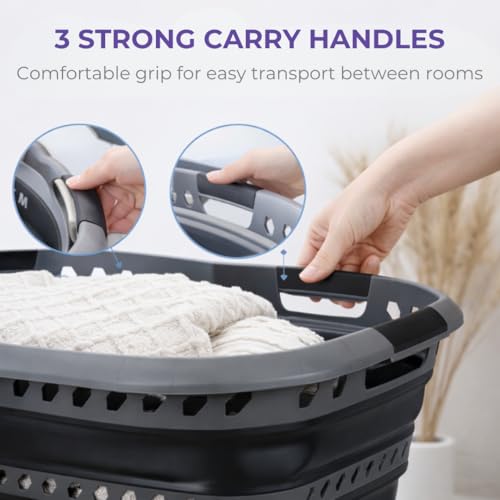 Laundry 360 Collapsible Laundry Basket 40L | Portable | Space Saver Storage | Hold 2 Loads | Store Under the Bed or Closet | Good for Kids | Dorm | Bedroom | Large | Grey/Black - Image 5