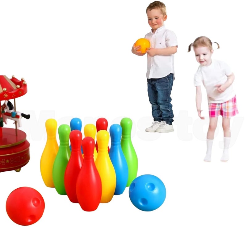 Manos Kids Bowling Set, 10 Colourful Pins and 2 Bowling Balls, Indoor Outdoor Game - Image 1