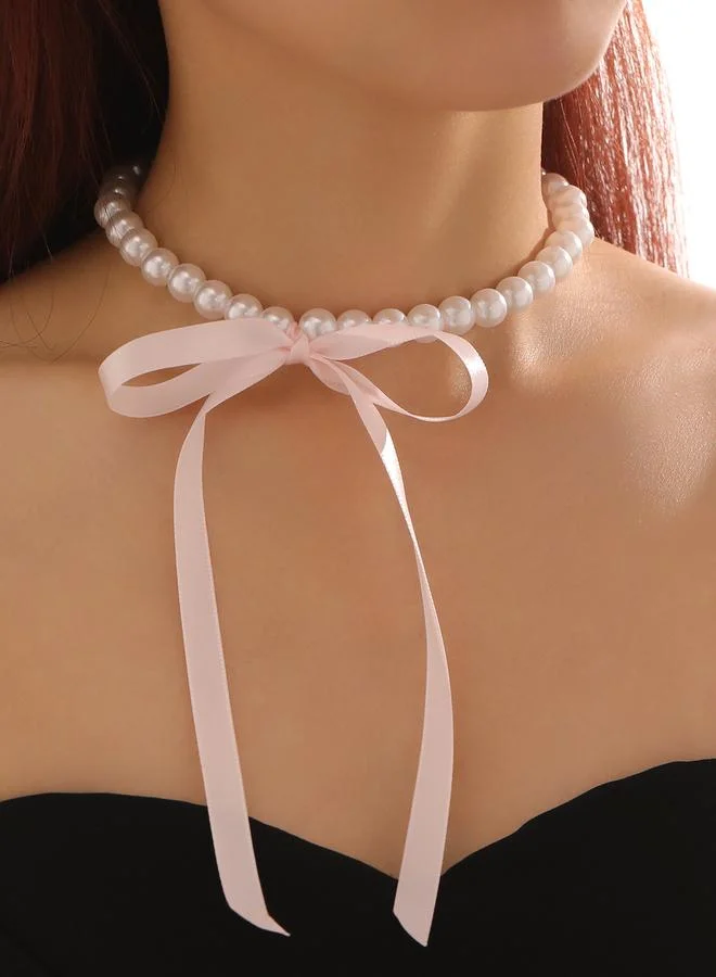 Take Two Pearl Beaded Necklace with Pink Ribbon