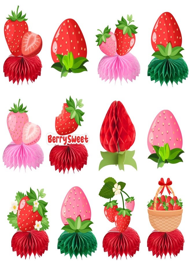 kockuu Sweet Strawberry Party Decorations, 12 Pcs Red Pink Strawberry Honeycomb Centerpieces Decor Table Topper for Spring Summer Strawberries Theme Party Birthday Baby Shower Decorations Supplies - Image 1