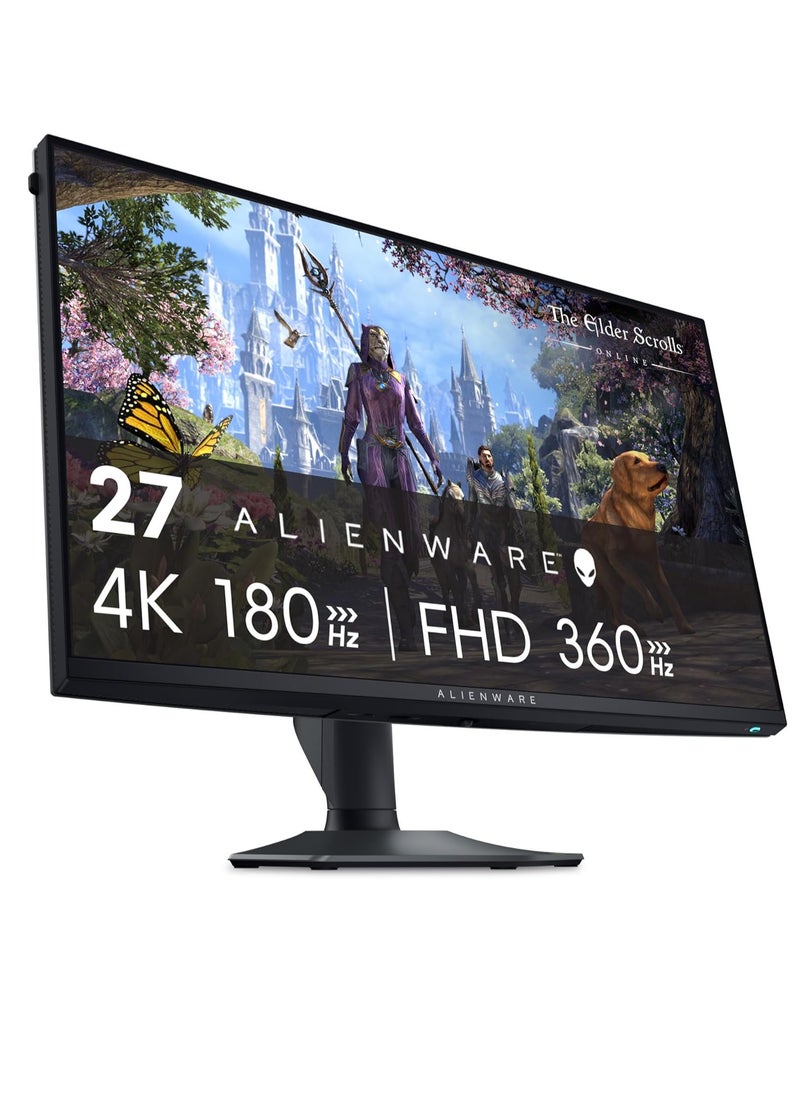 إليانوير شاشة ألعاب Alienware مقاس 27 بوصة بدقة 4K وبدقة مزدوجة - AW2725QF تدعم دقة 4K بمعدل تحديث 180 هرتز، ودقة FHD بمعدل 360 هرتز، وزمن استجابة 0.5 مللي ثانية (GTG) أو 1 مللي ثانية (في وضع Extreme). تدعم VESA AdaptiveSync ومتوافقة مع NVIDIA G-SYNC. مزودة بمنافذ HDMI وDisplayPort وUSB 3.2 Gen1. اللون: أسود.  - Image 1