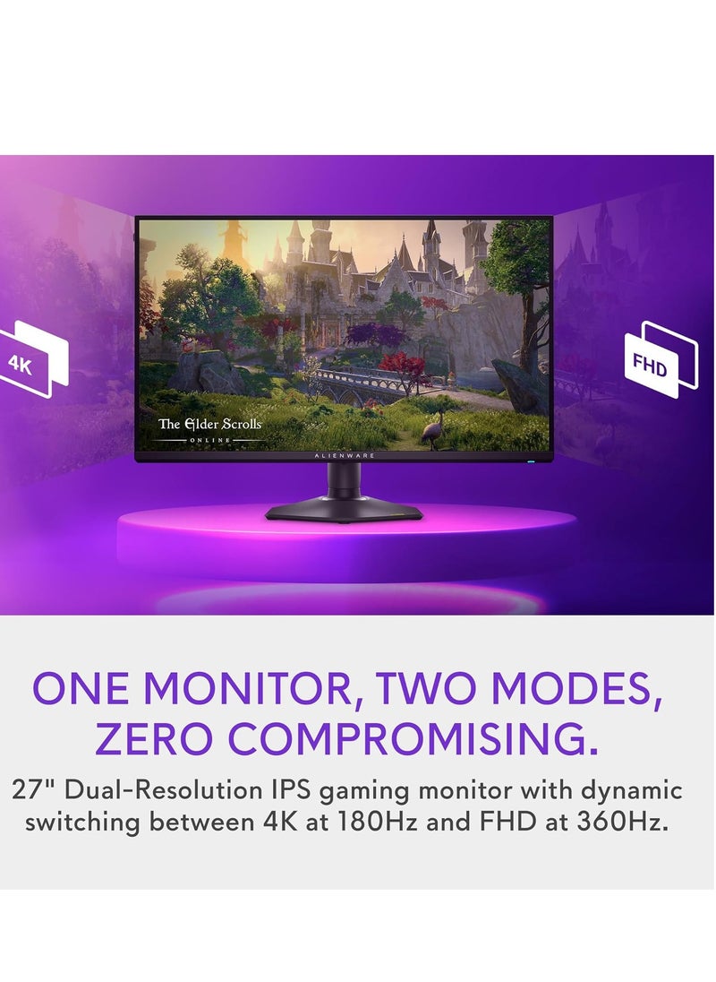 إليانوير شاشة ألعاب Alienware مقاس 27 بوصة بدقة 4K وبدقة مزدوجة - AW2725QF تدعم دقة 4K بمعدل تحديث 180 هرتز، ودقة FHD بمعدل 360 هرتز، وزمن استجابة 0.5 مللي ثانية (GTG) أو 1 مللي ثانية (في وضع Extreme). تدعم VESA AdaptiveSync ومتوافقة مع NVIDIA G-SYNC. مزودة بمنافذ HDMI وDisplayPort وUSB 3.2 Gen1. اللون: أسود.  - Image 4