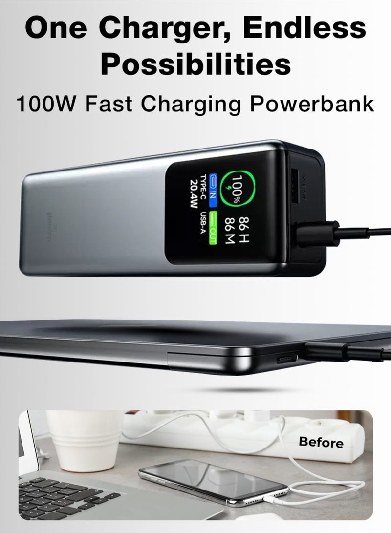 جلاسولوجي Glassology 20000mAh Powerbank PD 100W QC 22.5W Fast Charging Smart Display Dual Output Type C & USB A Compatible with All Apple, Galaxy series, Tablets, iPad, Dell, Lenovo, Asus, Hp Laptops & Macbook - Image 4