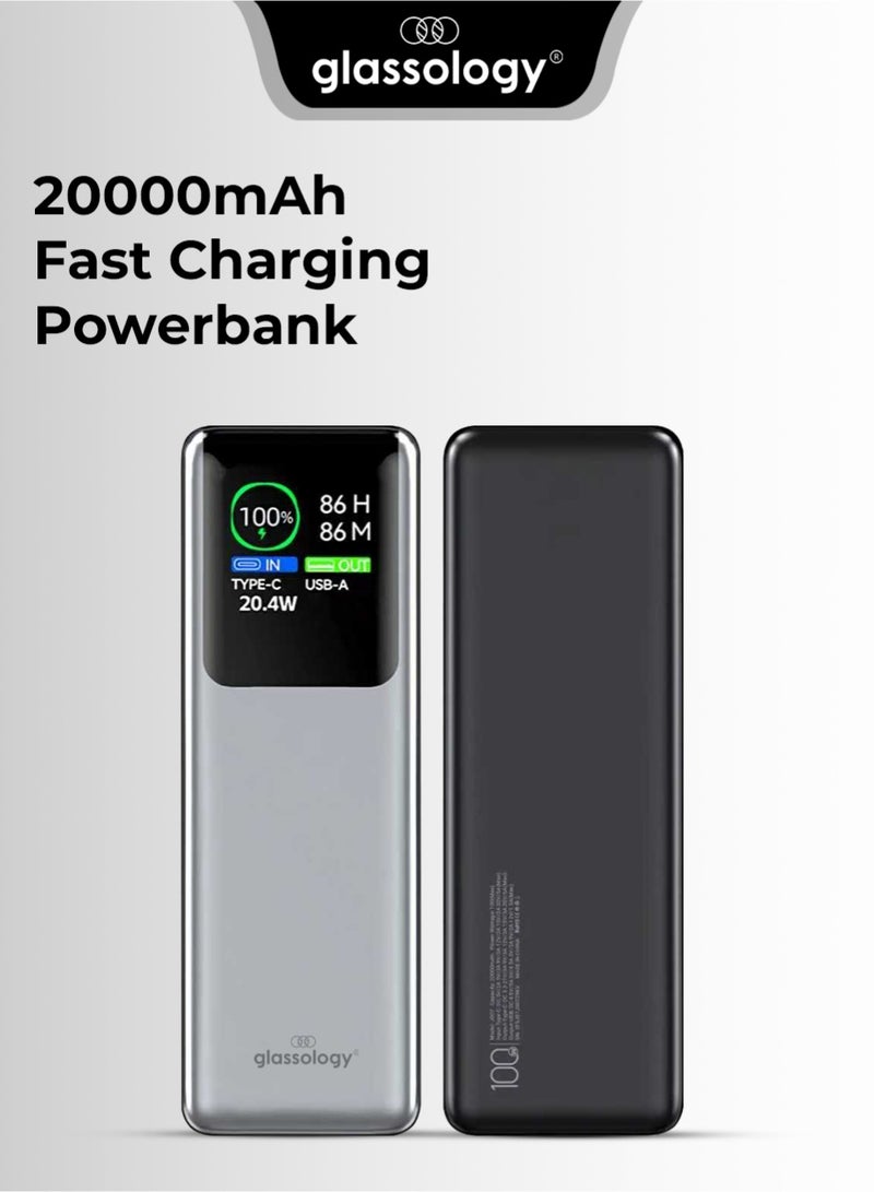 جلاسولوجي Glassology 20000mAh Powerbank PD 100W QC 22.5W Fast Charging Smart Display Dual Output Type C & USB A Compatible with All Apple, Galaxy series, Tablets, iPad, Dell, Lenovo, Asus, Hp Laptops & Macbook - Image 1