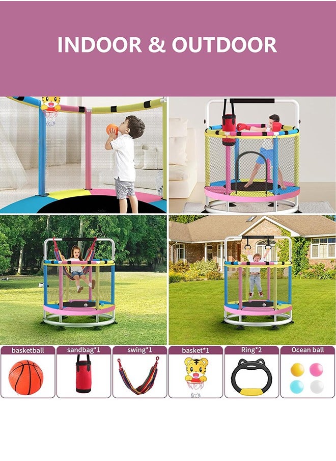 XiuWoo Trampoline for Kids, 140cm Toddler Trampoline Indoor and Outdoor,Load Bearing 250kg Kids Trampoline with Enclosure Net, Mini Trampoline with T-handrail Swing Sandbag Basketball Hoop Adjustable Gymnastics Bar,Yellow Green Blue  - Image 5