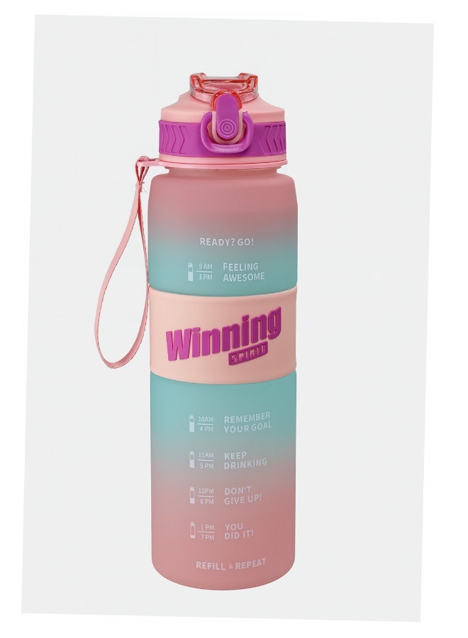 Toshionics 1000ml Motivational Winning Spirit Water Bottle with Time Markers, One-Touch Lockable Lid, Flip-Up Integrated Straw, One Carry Handle and Non-Slip Lid - BPA-Free, Leak-Proof Lid, Eco- Friendly, Plastic, Reusable, Drink Reminder Water Bottle for Adults and Kids in School, Office, Daily Hydration, Gym, Fitness, Yoga, Cycling, Hiking, Outdoor Camping, Hiking, Sports and Travel, 32oz Bottle - Image 1