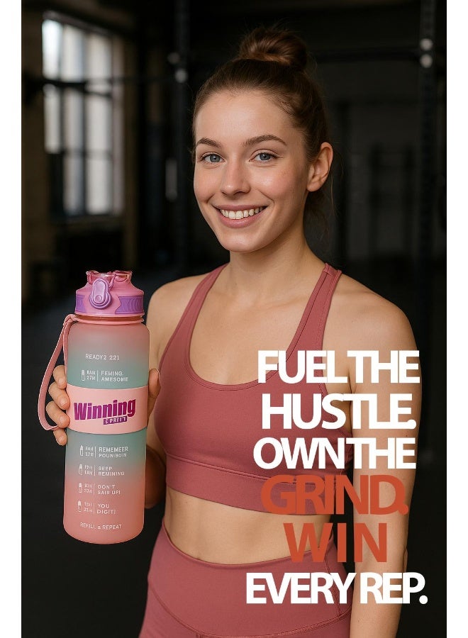 Toshionics 1000ml Motivational Winning Spirit Water Bottle with Time Markers, One-Touch Lockable Lid, Flip-Up Integrated Straw, One Carry Handle and Non-Slip Lid - BPA-Free, Leak-Proof Lid, Eco- Friendly, Plastic, Reusable, Drink Reminder Water Bottle for Adults and Kids in School, Office, Daily Hydration, Gym, Fitness, Yoga, Cycling, Hiking, Outdoor Camping, Hiking, Sports and Travel, 32oz Bottle - Image 2