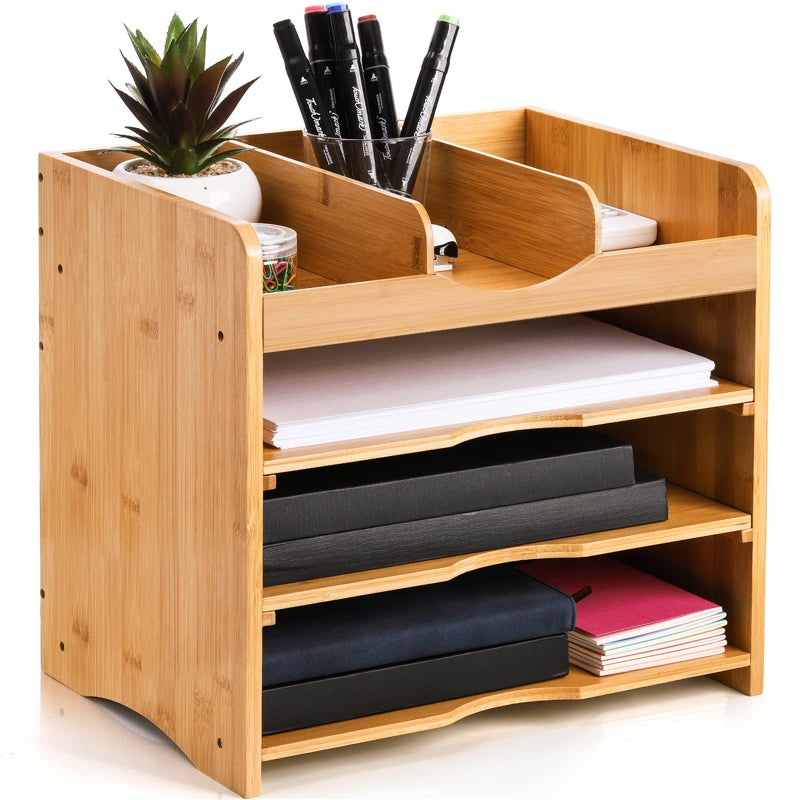 DEAYOU Bamboo Desk File Organizer 13 Document Letter Tray Sorter with 2 Adjustable Shelves 4 Tier Mail Organizer Countertop Paper Storage Holder Box Cubby for Magazine Office Home School