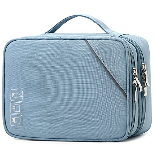 Lanola Electronic Accessories Case,Electronics Travel Organizer, Portable Double Layer Cable Storage Bag for Cord, Charger, Flash Drive, Phone, SD Card,Flash Drive,Adapter - Light Blue - Image 1