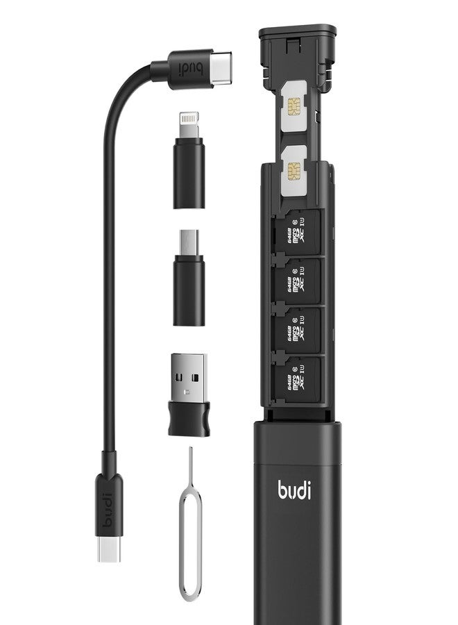 BUDI USB Adapter Kit，Multifunctional Compact Cable Card, Travel Portable Aluminum Storage Case with Micro USB A Type C Light, PD65W Charging Cable Set, Sim Card Tray Eject Tool and Slot Case-Black - Image 1