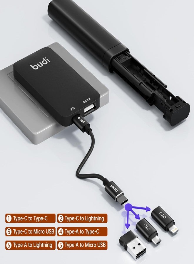BUDI USB Adapter Kit，Multifunctional Compact Cable Card, Travel Portable Aluminum Storage Case with Micro USB A Type C Light, PD65W Charging Cable Set, Sim Card Tray Eject Tool and Slot Case-Black - Image 2