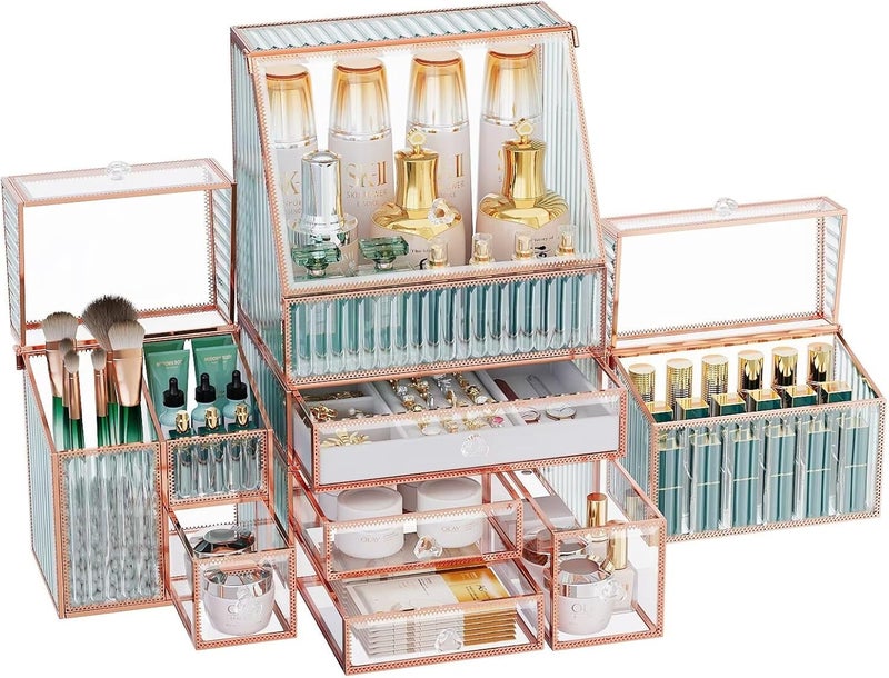 Luxurious Tempered Glass Vanity Makeup Organizer Stackable Cosmetic Storage Organizer for Bathroom Countertop Skincare Jewelry Lipstick Perfume and Makeup Brushes Organizer