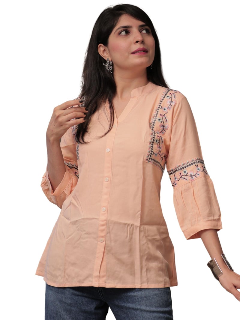 EthnicJunction Women's Peach Viscose Rayon Embroidered A-line Short Kurti | Short Kurti for Women | Top for Office | Women's Tunics Tops | Kurta Shirt Top | Regular Fit Top - Image 1