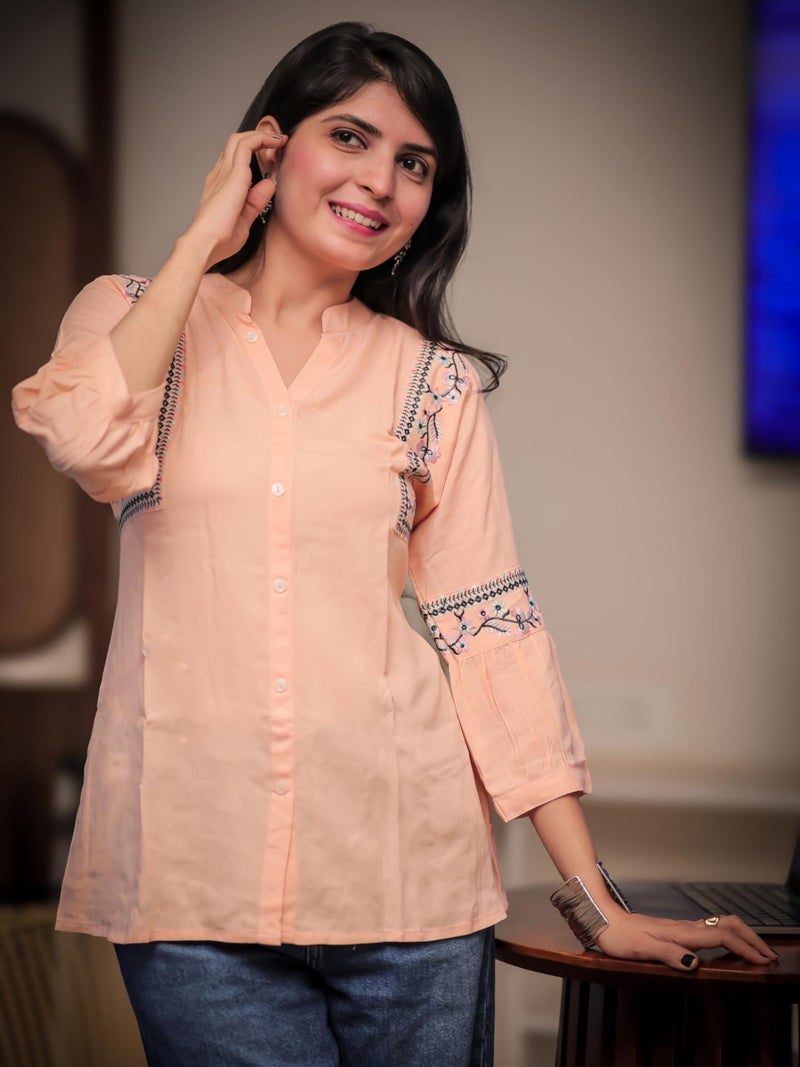 EthnicJunction Women's Peach Viscose Rayon Embroidered A-line Short Kurti | Short Kurti for Women | Top for Office | Women's Tunics Tops | Kurta Shirt Top | Regular Fit Top - Image 4