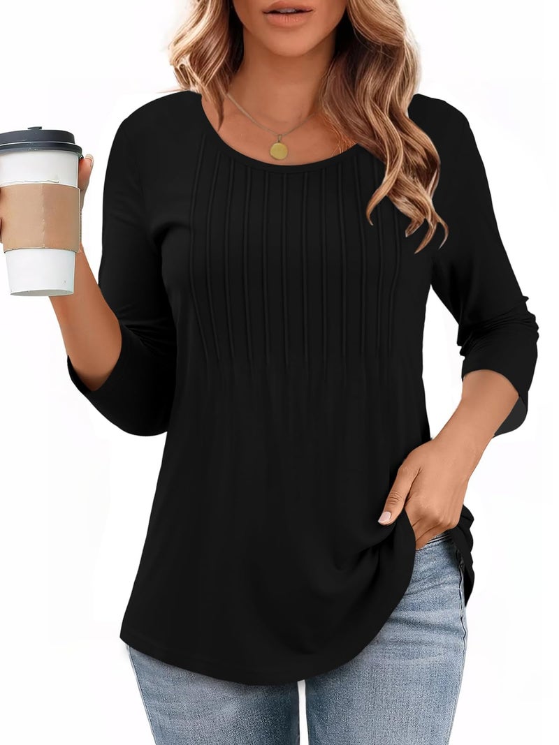 CHICGAL Womens 3/4 Length Sleeve Tops Casual Shirts Dressy Blouses Pleated Loose Fit Tunic Tee(Black, L) - Image 1