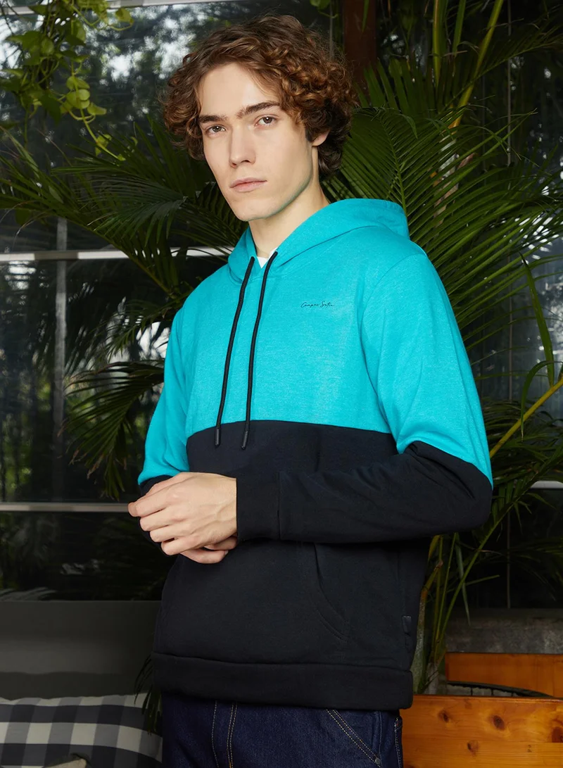 كامبوس سوترا Men's Aqua Blue & Midnight Black Block Pullover Hoodie