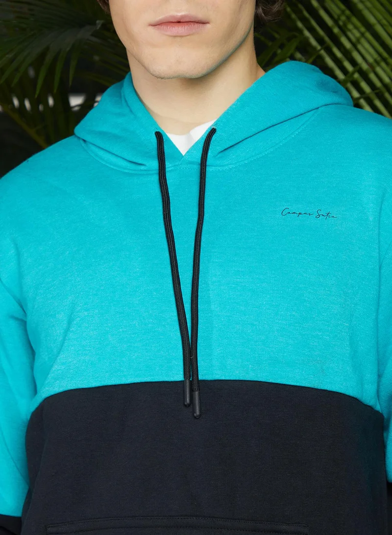 كامبوس سوترا Men's Aqua Blue & Midnight Black Block Pullover Hoodie