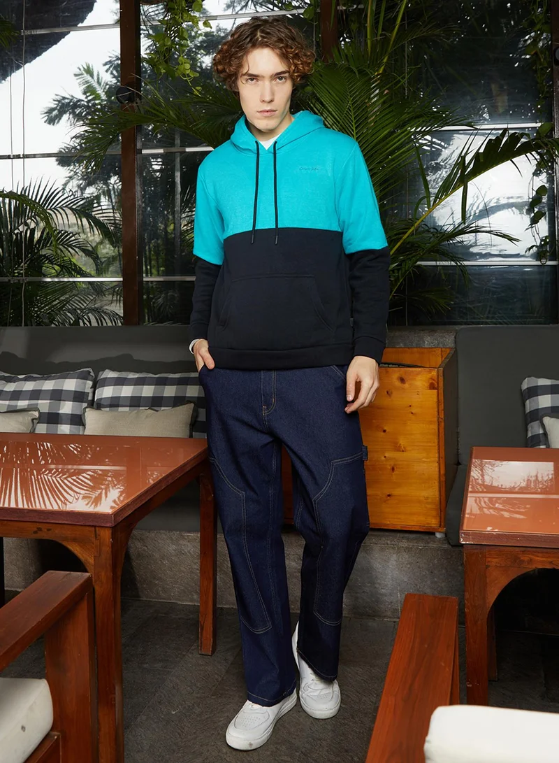 كامبوس سوترا Men's Aqua Blue & Midnight Black Block Pullover Hoodie
