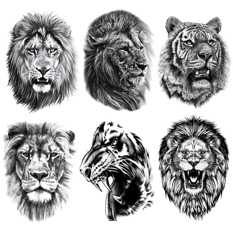 Large Temporary Tattoos for Men, 6-Sheet Black Lion King Tiger Tattoo Stickers Half Arm Sleeves for Women Kids, Realistic Fake Tattoos Long Lasting Tattoos Waterproof