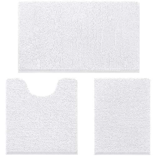 HOMEIDEAS 3 Pieces Bathroom Rugs Ultra Soft Non Slip Absorbent Chenille Toilet Bath Mat Set White - Image 1