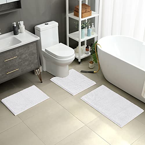 HOMEIDEAS 3 Pieces Bathroom Rugs Ultra Soft Non Slip Absorbent Chenille Toilet Bath Mat Set White - Image 3