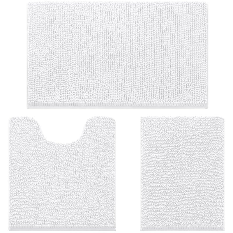 HOMEIDEAS 3 Pieces Bathroom Rugs Ultra Soft Non Slip Absorbent Chenille Toilet Bath Mat Set White - Image 2