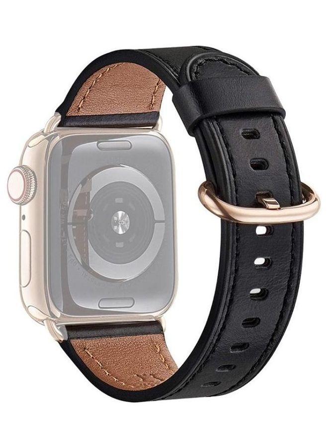 NIBEMINENT Round Buckle Leather Replacement Wrist Strap Watchband For Apple Watch Series 7/6/5/4/3/2/1/SE 45/44/42mm Black - Image 1