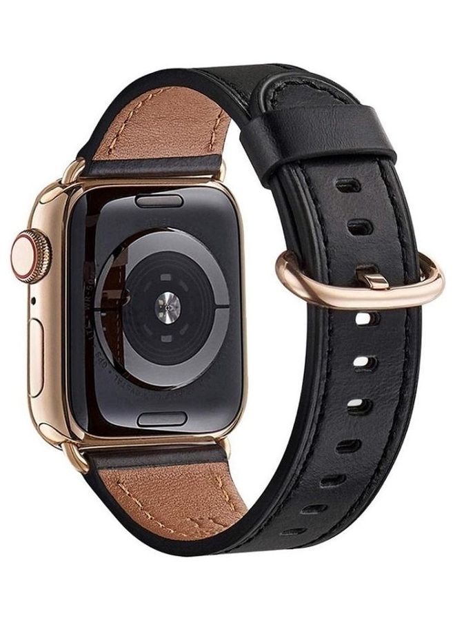 NIBEMINENT Round Buckle Leather Replacement Wrist Strap Watchband For Apple Watch Series 7/6/5/4/3/2/1/SE 45/44/42mm Black - Image 3