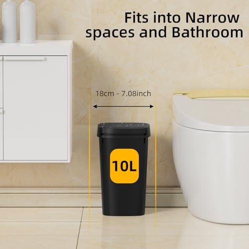 KSSKSS 3 Pack Bathroom Small Trash Can with Lid, 2.6 Gallon Slim Garbage Bin with Pop-Up Lid, 10L Plastic Wastebasket for Bedroom, Office, Kitchen, Toilet (Matte Black) - Image 3