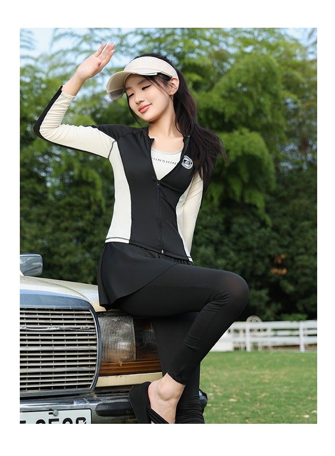 جي آر كيه سي طقم ملابس سباحة محتشم مكون من 4 قطع للنساء يشمل ملابس السباحة والتنورة والشورت وقمة السباحة مع حماية من الأشعة فوق البنفسجية وتصميم أنيق للتحكم في البطن مثالي لركوب الأمواج والسباحة - Image 2