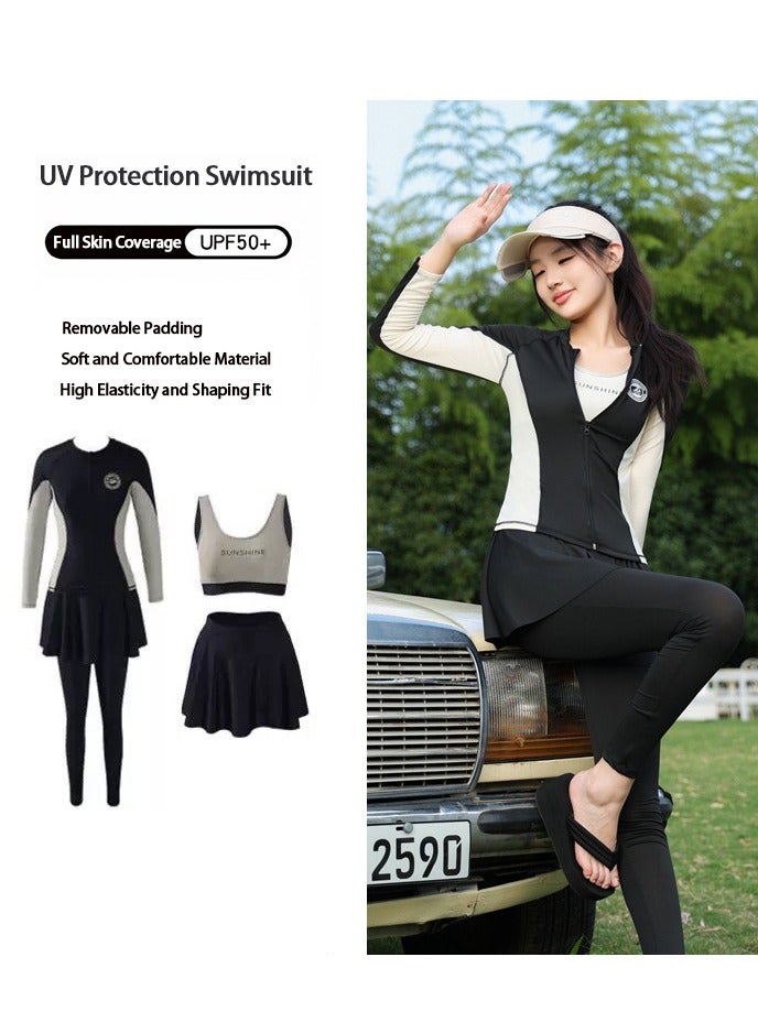 جي آر كيه سي طقم ملابس سباحة محتشم مكون من 4 قطع للنساء يشمل ملابس السباحة والتنورة والشورت وقمة السباحة مع حماية من الأشعة فوق البنفسجية وتصميم أنيق للتحكم في البطن مثالي لركوب الأمواج والسباحة - Image 1