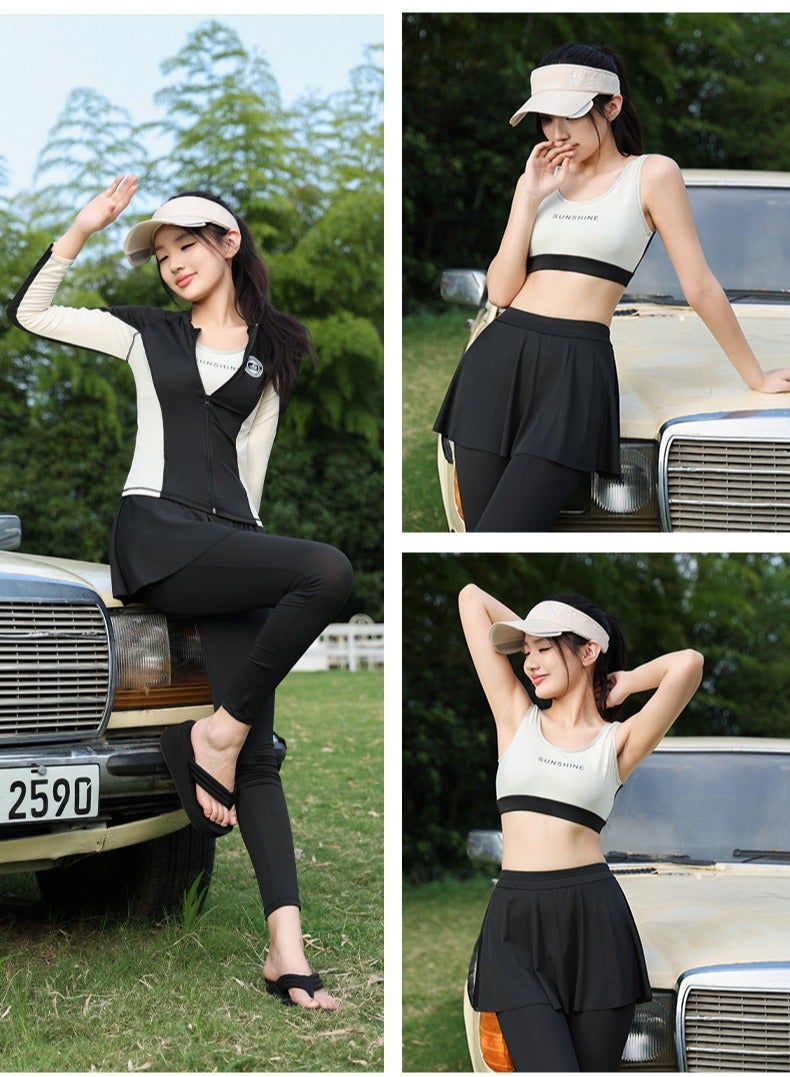 جي آر كيه سي طقم ملابس سباحة محتشم مكون من 4 قطع للنساء يشمل ملابس السباحة والتنورة والشورت وقمة السباحة مع حماية من الأشعة فوق البنفسجية وتصميم أنيق للتحكم في البطن مثالي لركوب الأمواج والسباحة - Image 3