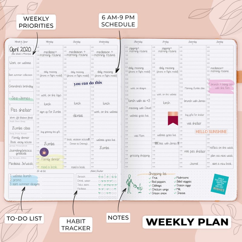 GoGirl Planner PRO Schedule - Undated Planner with Hourly Time Slots, Monthly, Weekly & Daily Organizer, Appointment Book for time Management, 7"x10" Hardcover, Lasts 1 Year - Peach Pink - Image 3