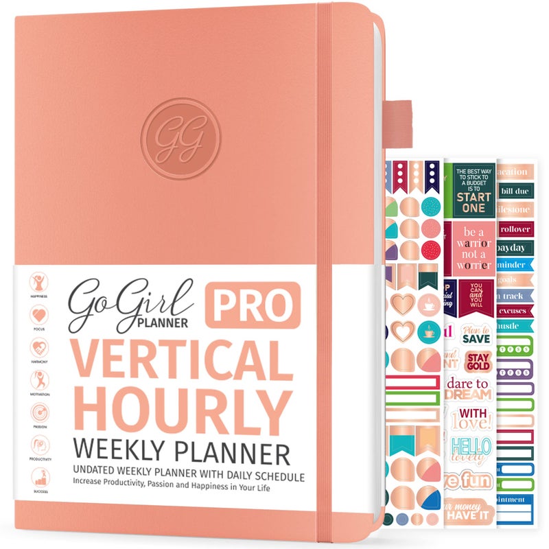 GoGirl Planner PRO Schedule - Undated Planner with Hourly Time Slots, Monthly, Weekly & Daily Organizer, Appointment Book for time Management, 7"x10" Hardcover, Lasts 1 Year - Peach Pink - Image 1