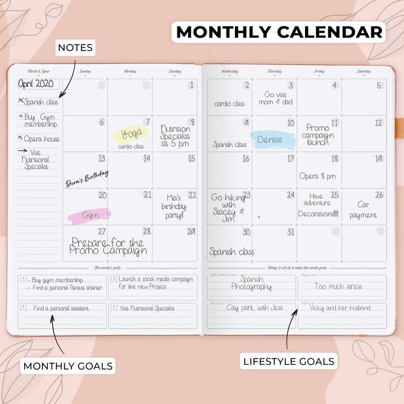 GoGirl Planner PRO Schedule - Undated Planner with Hourly Time Slots, Monthly, Weekly & Daily Organizer, Appointment Book for time Management, 7"x10" Hardcover, Lasts 1 Year - Peach Pink - Image 4