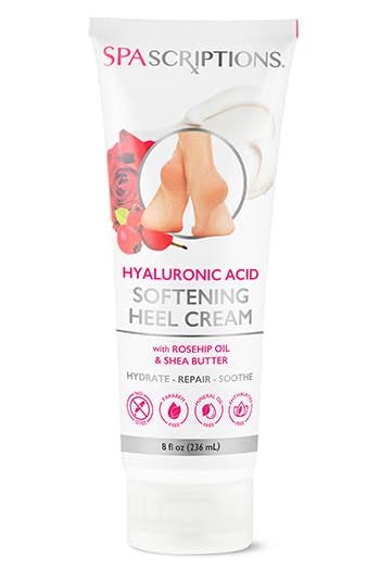 SpaScriptions Hyaluronic Acid Softening Heel Cream, Moisturizing Lotion with Rosehip Oil & Shea Butter, Repair Dry, Cracked Feet, 8 oz Tube