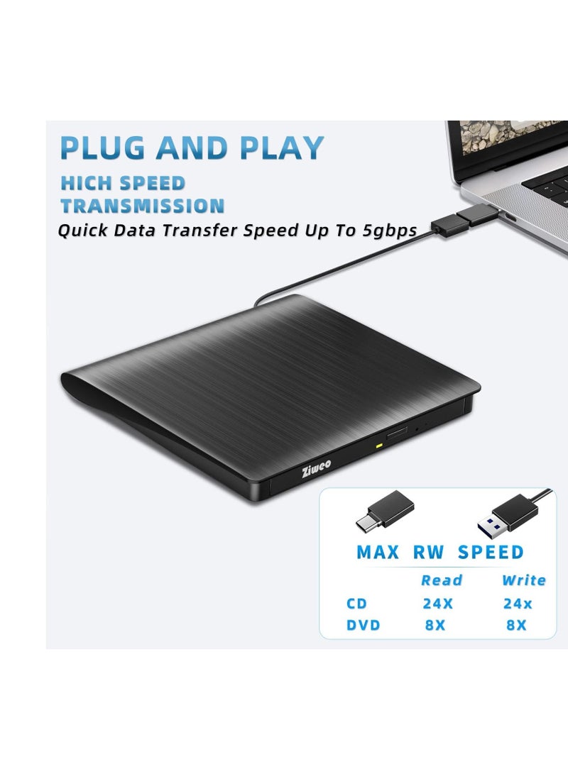 محرك أقراص DVD خارجي USB 3.0 وType-C، محرك CD +/-RW محمول، محرقة DVD بسرعة عالية لنقل البيانات للابتوب والكمبيوتر المكتبي - Image 2