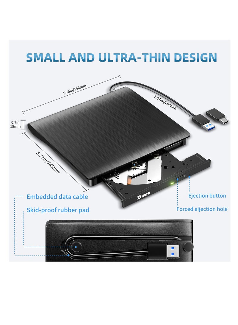 محرك أقراص DVD خارجي USB 3.0 وType-C، محرك CD +/-RW محمول، محرقة DVD بسرعة عالية لنقل البيانات للابتوب والكمبيوتر المكتبي - Image 3