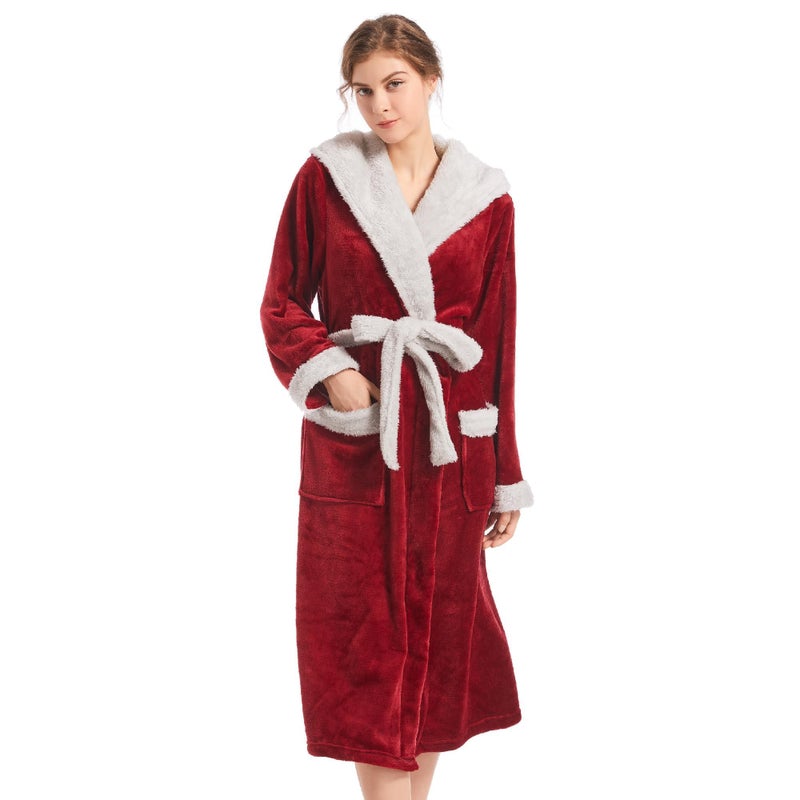 Inner Wish Women Hooded Plush Robe Fleece Cozy Warm Bathrobe Fuzzy Female Spa Robe With Pockets Spa BathrobeBURGUNDYLTGREY 2XL3XL