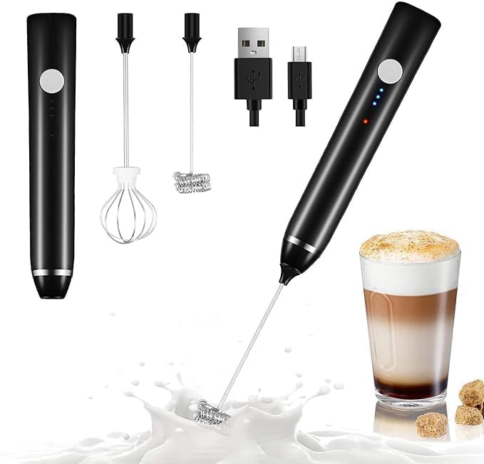 MILK FROTHER USB RECHARGEABLE HANDHELD ELECTRIC FOAM MAKER WITH 3 STAINLESS WHISKS 3SPEED ADJUSTABLE PERFECT FOR BULLETPROOF COFFEE LATTES CAPPUCCINO MATCHA HOT CHOCOLATE