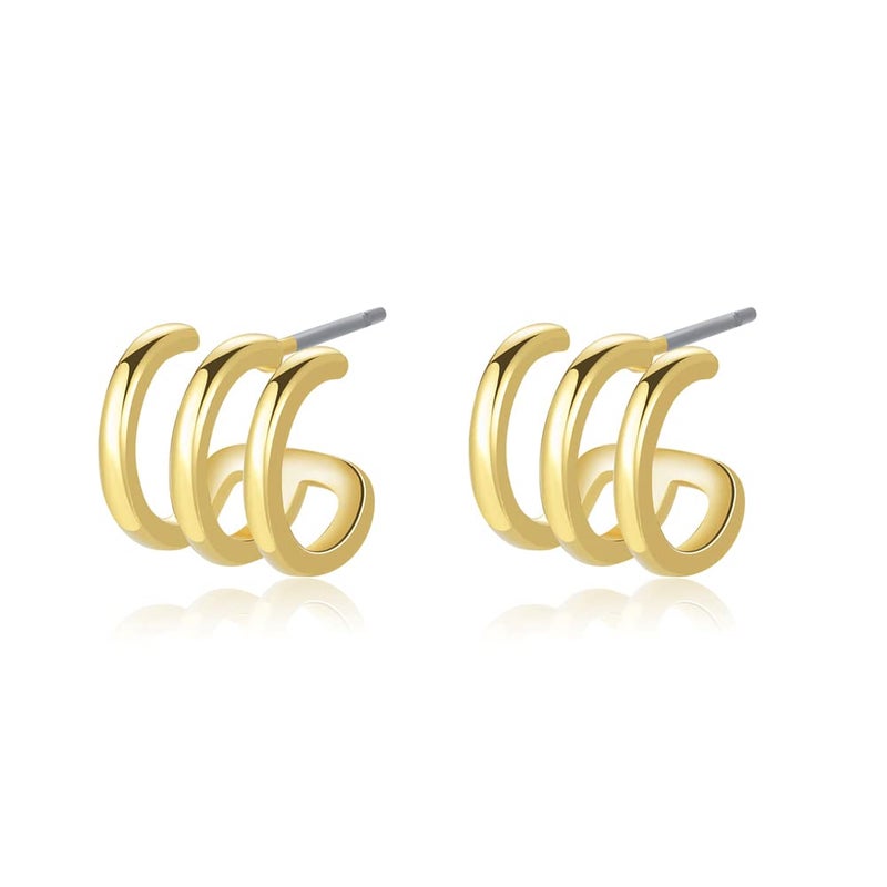 Obidos 14K Gold Plated Illusion Stud Earrings for Women | Triple Huggie Hoop Earrings for One Hole - Image 4