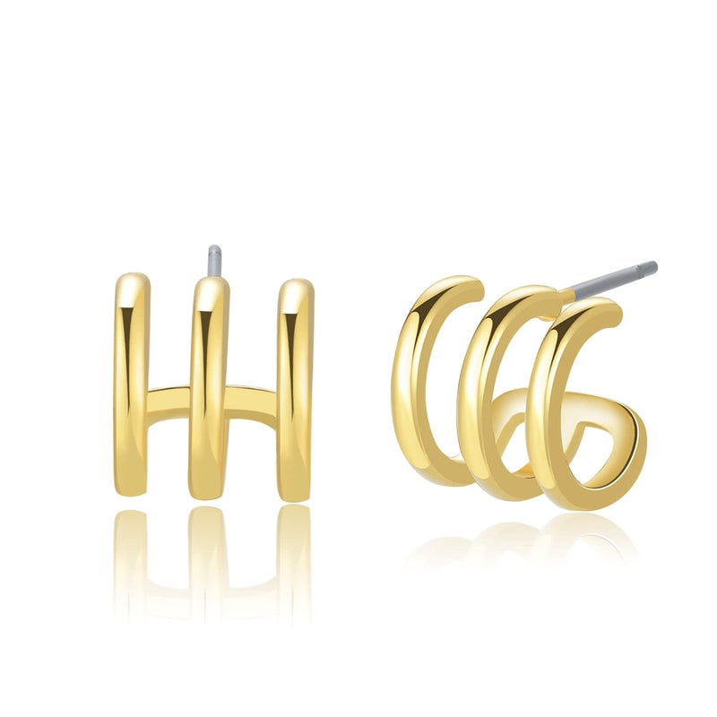 Obidos 14K Gold Plated Illusion Stud Earrings for Women | Triple Huggie Hoop Earrings for One Hole - Image 1