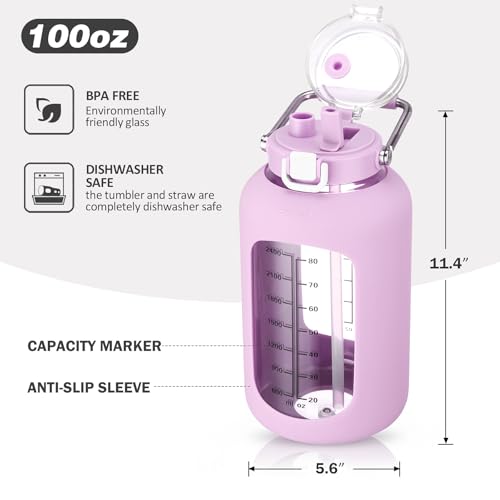 MUKOKO 100oz Glass Water Bottle with Time Marker and Silicone Sleeve 3L Large Water Jug with Stainless Steel Handle Gallon Drinking Bottle with 2-in-1 Lid Wide Mouth BPA Free, Purple - Image 5