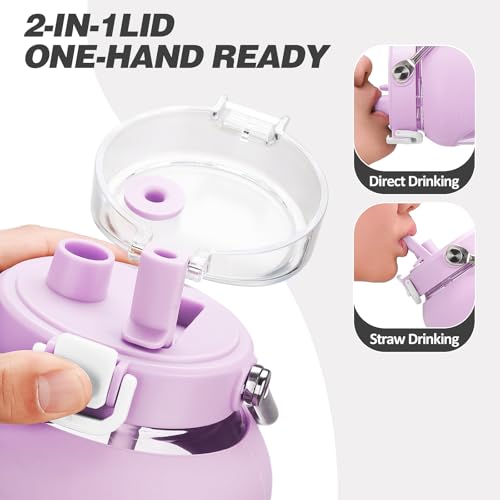 MUKOKO 100oz Glass Water Bottle with Time Marker and Silicone Sleeve 3L Large Water Jug with Stainless Steel Handle Gallon Drinking Bottle with 2-in-1 Lid Wide Mouth BPA Free, Purple - Image 2