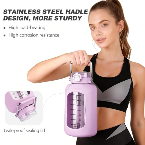 MUKOKO 100oz Glass Water Bottle with Time Marker and Silicone Sleeve 3L Large Water Jug with Stainless Steel Handle Gallon Drinking Bottle with 2-in-1 Lid Wide Mouth BPA Free, Purple - Image 4